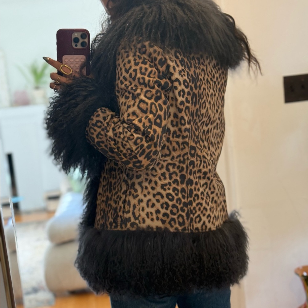 KONG Leopard Suede Mongolian Lamb Trim Jacket - Charcoal- Size S - Picture 3 of 11